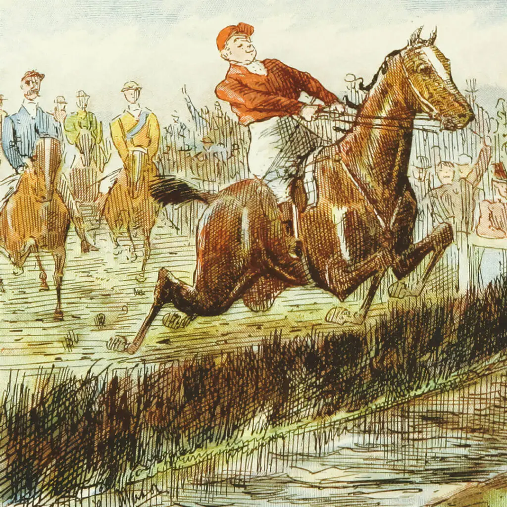 Historical horse racing illustration in a vintage style