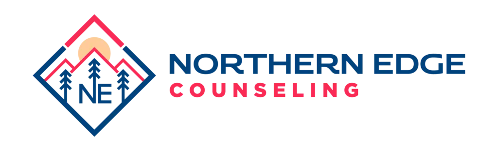 Northern Edge Counseling color horizontal logo with mountain and sunrise graphic